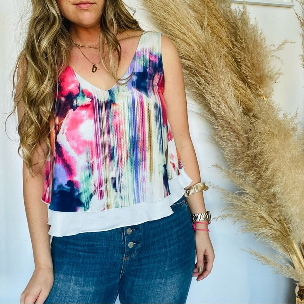 TYCHE NORDSTROM White Rainbow Striped Print Ruffle Layer Tank Top Swing Blouse M